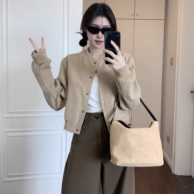 슬림소녀 여성 봄 가을 심플 단색 야구자켓 작은 키 쇼트 기질 통근 루즈핏 코트