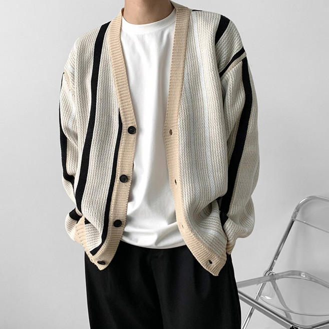 오마보이 남자 핫앤콜드 스트라이프 박스 가디건