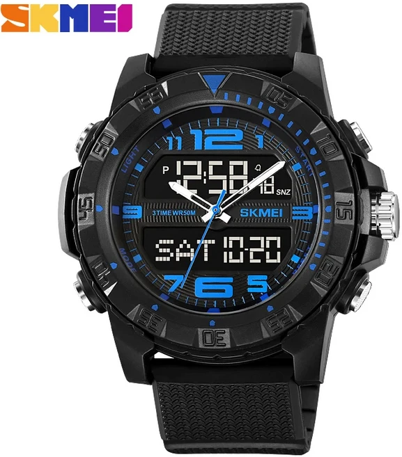 SKMEI 2162 남자 시계 듀얼 디스플레이 다기능 야간 조명 방수 전자 야외 스포츠, 2. Blue