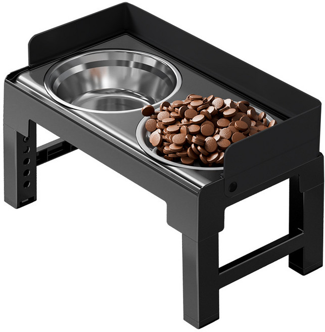 Allilio 애완견 스텐 식기 높이 조절 가능 애완용 식탁 고양이 개 범용 대용량 사료 밥그릇 물그릇, 1개, 블랙