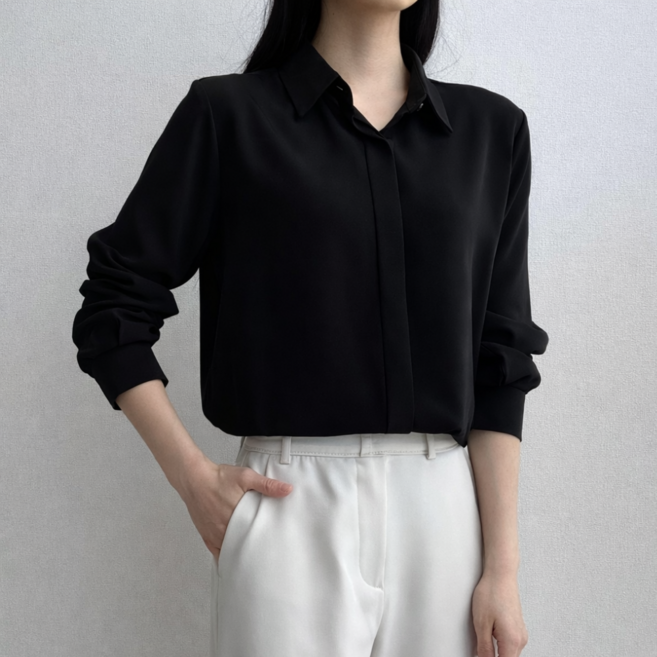 드몽 여성 링클프리 데일리 기본 긴팔 셔츠 구김없는 히든버튼 블라우스 빅사이즈 오피스룩