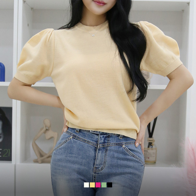 [당일출고] 여자친9 어깨셔링 퍼프 반팔 라운드니트(44~77사이즈까지)