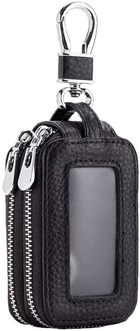 더블 지퍼 가죽 차키 케이스 자동차 키 홀더 키링 자동차키 차 열쇠 고리 링 지갑 차량 키홀더 스마트키 커버 선물 용, 1개, R99831A, 블랙