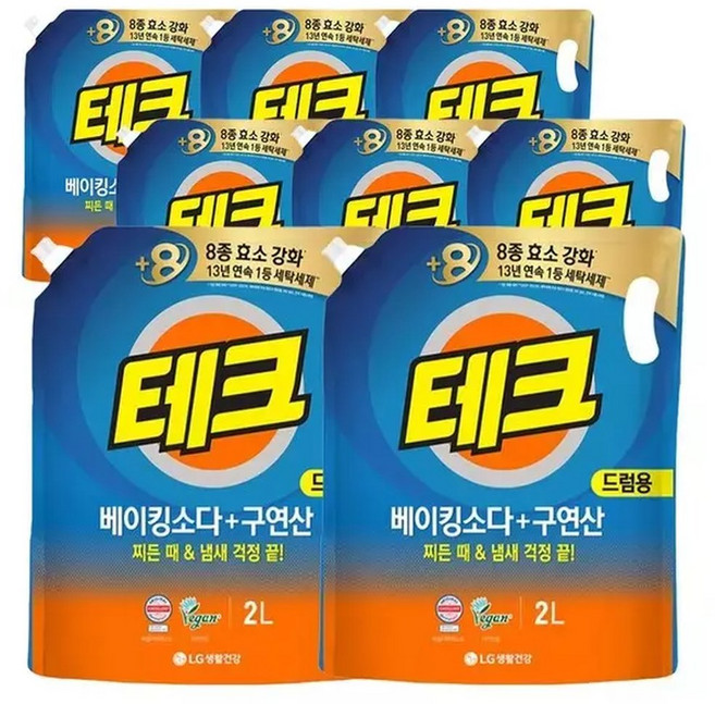 LG생활건강 테크 베이킹소다 + 구연산 액체세제 드럼용 리필 2L 8개