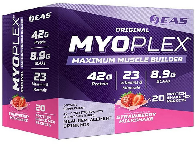 EAS 오리지널 MYOPLEX 맥시멈 머슬 빌더 스트로베리 밀크쉐이크 20패킷 216062, 딸기 밀크쉐이크, 64 Ounce (Pack of 1), 78g, 1개
