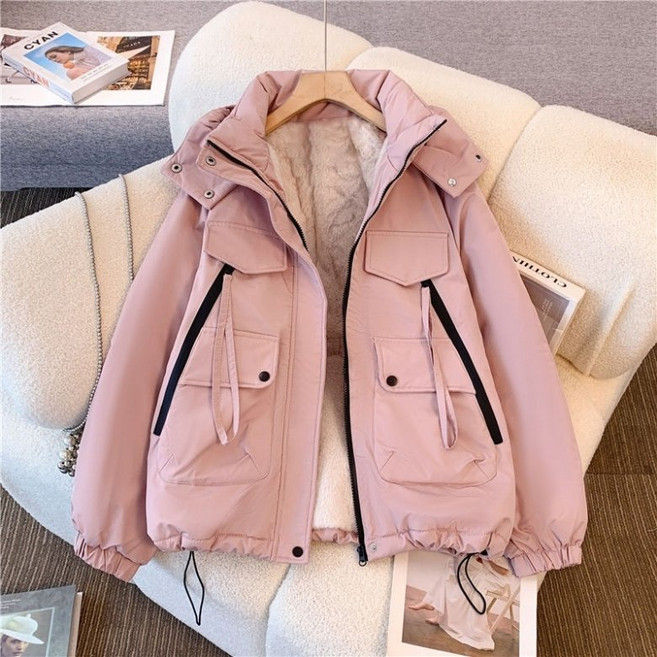 ORZQU 여성 기모 아웃도어 점퍼 겨울 도톰한 후드 카고 바람막이 코트