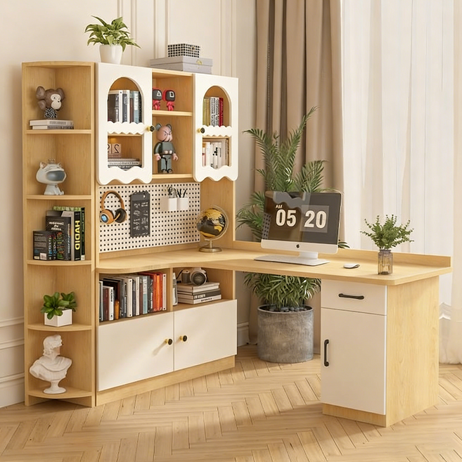 심플 수납 L형 코너책상 중학생 책상 고등학생 책상 서재책상 책상세트, 원목색(왼쪽)+유리문+코너장
