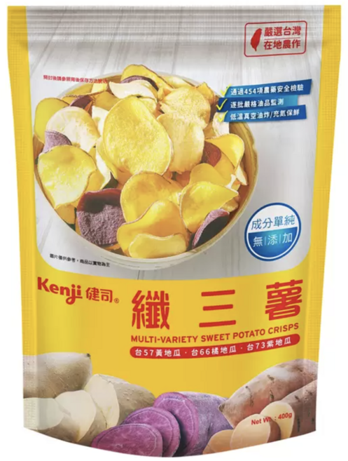 Kenji 健司纖三薯綜合地瓜脆片 (台57黃地瓜 台66橘地瓜 台73紫地瓜) 400g, 1包