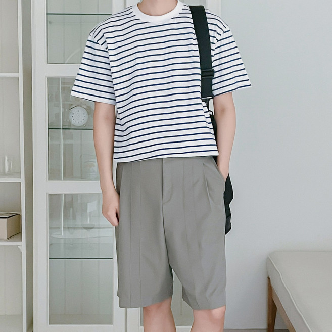 더베이직샵 부드러운 순면 스트라이프 단가라 오버핏 반팔티 3컬러 여름 휴가 시원한 티셔츠