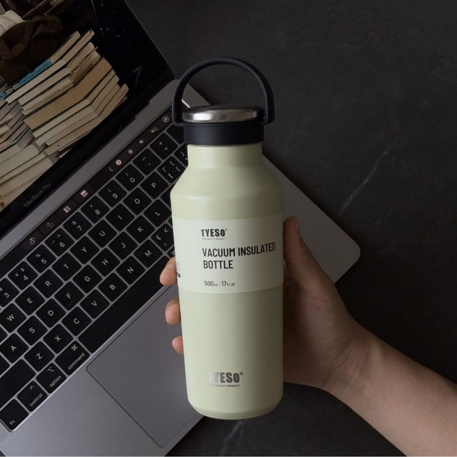 TYESO 泰碩保溫杯 304不鏽鋼大容量運動水壺 防漏 附提手, 淺卡其, 500ml, 1個