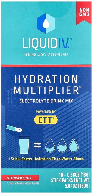 리퀴드 I.V. 하이드레이션 Liquid I.V. Hydration Multiplier 전해질 드링크 믹스 딸기 맛 스틱팩 10개 개당 16g(0.56oz) LQD-47400, 1개, 160g - 쿠팡