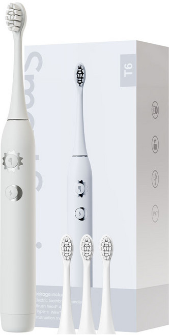 SmartSonic+ T6 음파 전동칫솔 + 칫솔모 4개 이중 모드 아침/저녁 사용, 1개, 화이트