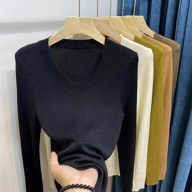 메페니 여성용 라운드 U넥 긴팔니트 슬림핏