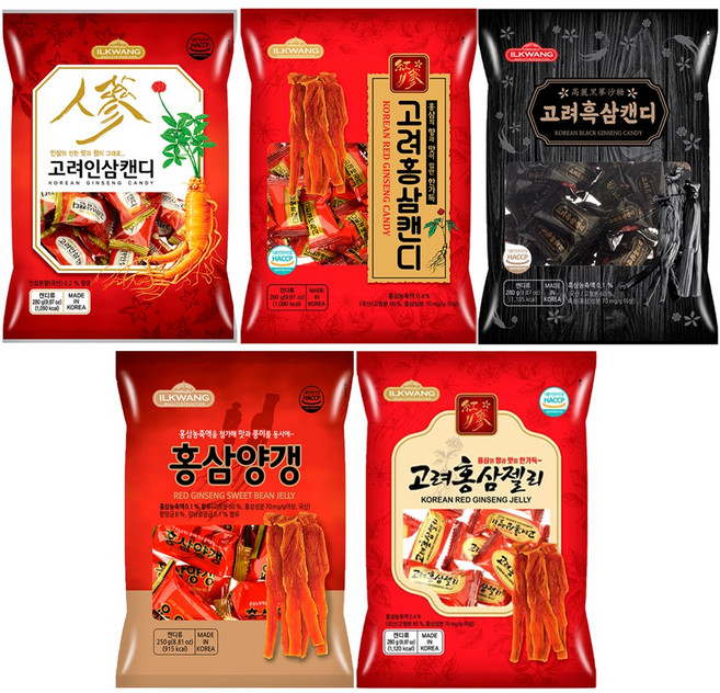 일광제과 고려홍삼캔디 280g 1p + 고려인삼캔디2 280g 1p + 고려흑삼캔디 280g 1p+ 고려홍삼젤리 280g 1p + 홍삼양갱 250g 1p, 1세트, 1.37kg