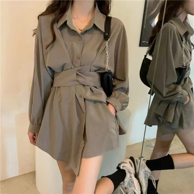 BANDEUL 소프트랩핑 플레어 웨이스트 벨티드 투피스 셋업