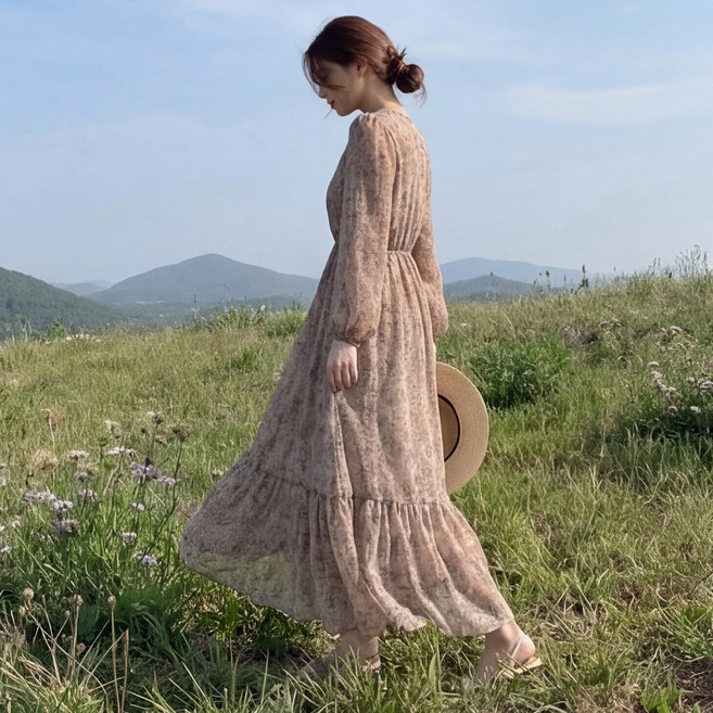 아레초 D121-9 여성 빅사이즈 로맨틱 플라워 쉬폰 브이넥 긴소매 롱 원피스