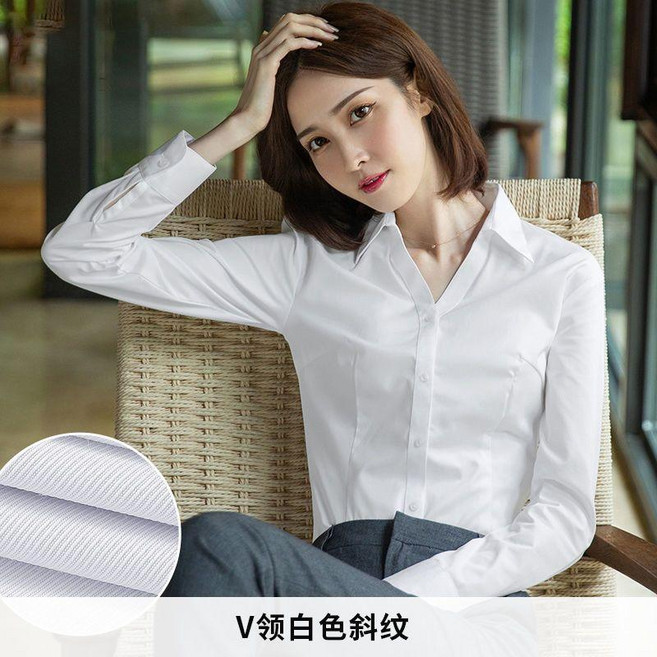 女士長袖襯衫 V領藍色斜紋 職業正裝