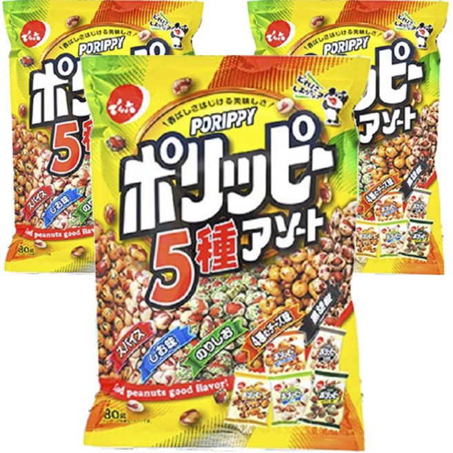 덴로쿠 포리피 어쏘트 스파이스 + 소금맛 + 김소금 + 4종 치즈 + 흑후추 땅콩스낵, 180g, 3개