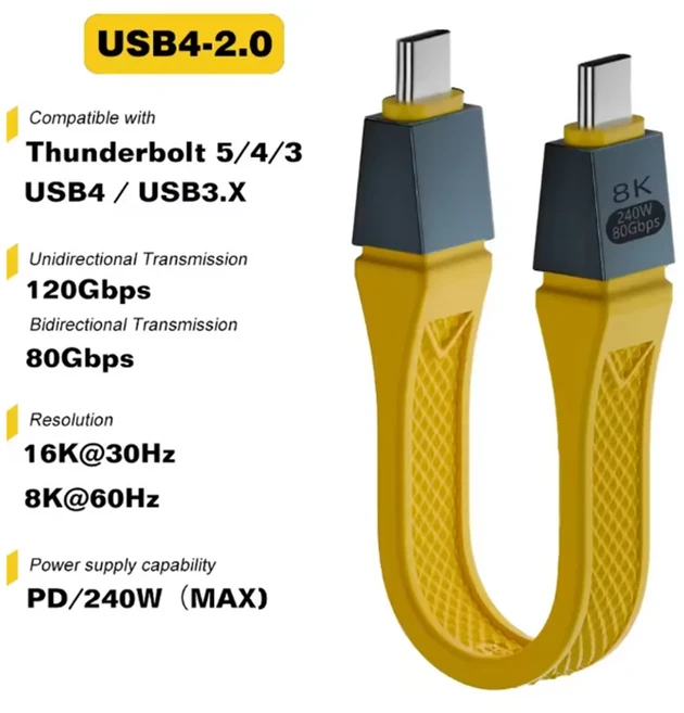 썬더볼트 5 타입 C USB4 2.0 케이블 80Gbps Gen4 USB C - egpu 16K PD 240w 단방향 120Gbps 숏 케이블 (썬