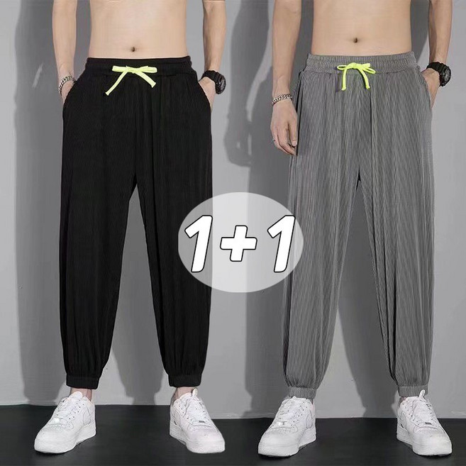 1+1 남자 9부 스판 아이스 쿨링 조거팬츠 여름 스판 속건 트레이닝 카고바지