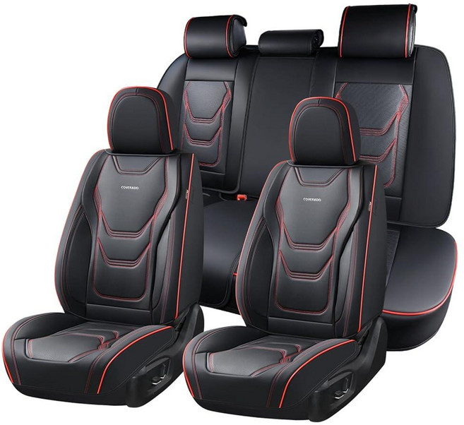 Coverado Car Seat Covers Covers for Cars 5 Seats Full Set Protector Waterproof Nappa Leather Cu, 풀 세트, 블랙&레드
