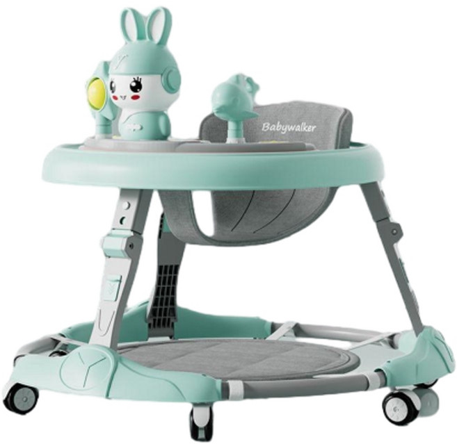 Babywalker 幼兒學步車 升級7檔調節 帶燈光音樂玩具盤, 綠色 靜音輪 燈光音樂 腳墊, 1個