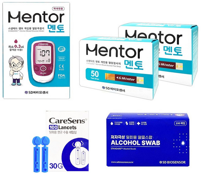 [약국용] 글루코멘토 혈당측정세트(측정지50매2개+측정기1개+알콜스왑100매+란셋100입) (글루코나비 멘토), 1세트