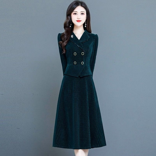 AOKADA 중년 여성 봄 가을 슬림핏 셔닐 정장 원피스 플레어 A라인 오피스룩 출근룩