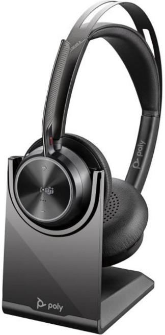 폴리 - 보이저 포커스 2 UC USB-A 헤드셋(스탠드 포함) 붐 마이크 포함 블루투스 스테레오 헤드셋 PC/Mac 호환 액티브 노이즈 캔슬링 팀(인증) 줌 등과 함께 작동, USB-A Bluetooth Adapter, Headset + Charge Stand/ Teams