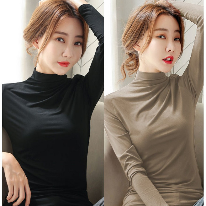 [1+1 2장] 봄 가을 겨울 여성 스판 하이넥 이너티 슬림 긴팔 티셔츠