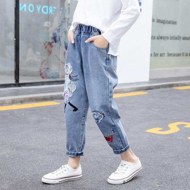 Annie 女童牛仔長褲，韓版時尚喇叭闊腿褲