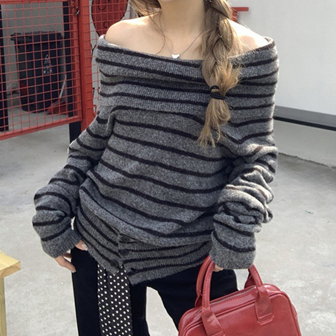 cammello 웨이스트 버튼 루즈핏 오프숄더 니트 티셔츠 긴팔 니트티