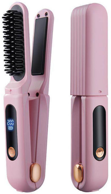 無線直髮梳夾板二合一 負離子充電迷你便攜式捲髮棒 養髮梳 離子梳, 1個, 粉紅色[直捲兩用]陶瓷塗層★三檔調整, 粉紅色