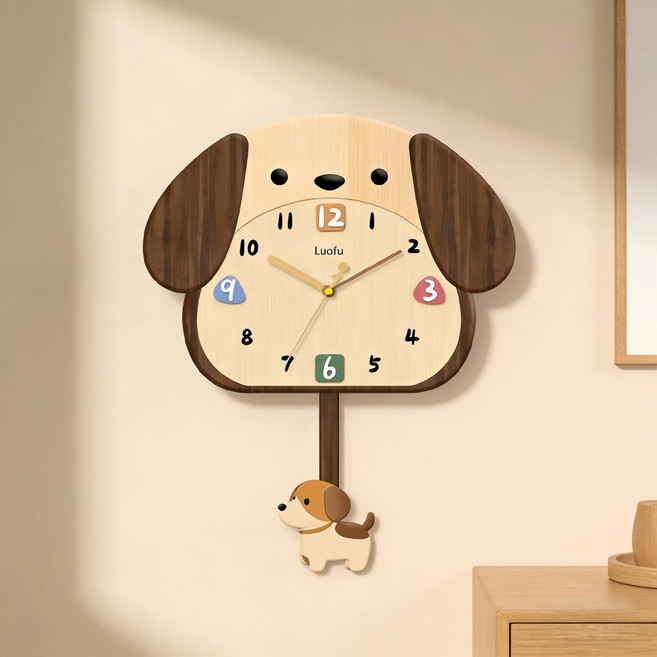 Luofu 무소음 고급 북유럽 감성 거실 인테리어 벽시계 추시계, 강아지 디자인 시계추