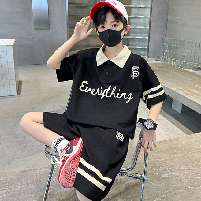 비비키드 남아 여름 레터링 라인 카라티 초등생 반팔티 반바지 상의 초중생 하의 세트 주니어 상의+하의 세트 (2308)
