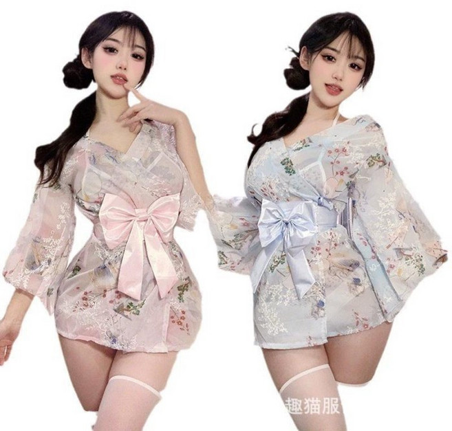 日系和服浴袍睡衣套裝 刺繡印花蝴蝶結性感日式睡衣