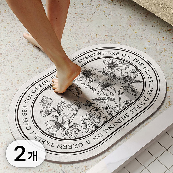 1+1 빨아쓰는 규조토 발매트 세트 플라워 패턴 폭신 물흡수 매트 인테리어 발판 받침 반원형 타원형 현관 욕실 주방 화장실 소품, 2개입, R99713A(타원형 플라워가든 A타입, 1세트