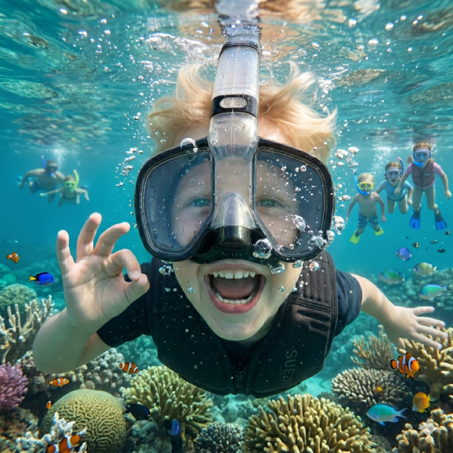 제프 어린이 안전인증 아동 일체형 잠수경 스노클 세트, BLUE