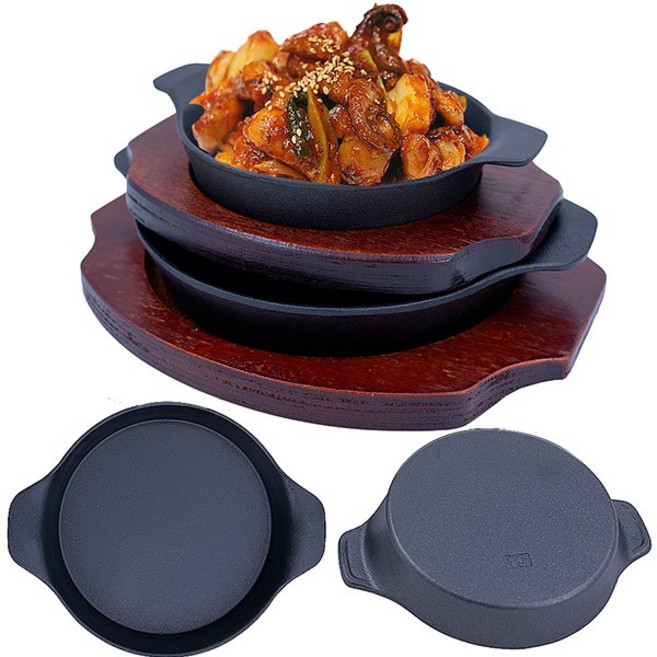 인덕션 무쇠 주물 양손잡이 원형팬 그릴팬 스테이크, 대 set (주물+목판), 1개