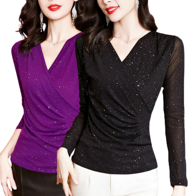 1+1 댄스복 상의 브이넥 망사 스판 긴팔 망사 긴팔 티셔츠 여성용 2P 뉴타임즈 N516T099