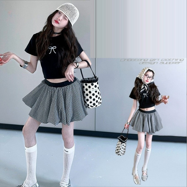 여아 주니어 스쿨룩 리본티+체크스컷 상하세트 체크스커트 코디룩