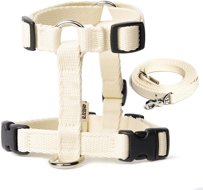아띠지기 강아지 앞섬방지 H형 하네스 + 웨빙 리드줄 세트, 바닐라, 1세트