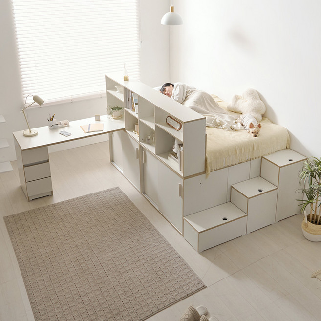 힘찬리빙 젠트 슈퍼 싱글 침대 프레임 책장 수납장 SS 1200 1500 책상 세트, 젠트 1200 책상 침대 프레임 SS(B형 크림화이트)