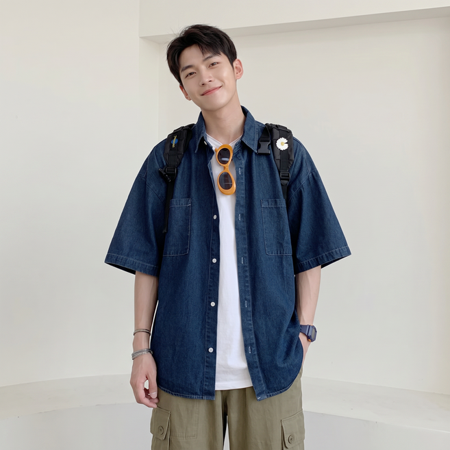 ANYOU 남자 여름 데님 셔츠 반팔 캐주얼 빈티지 셔츠