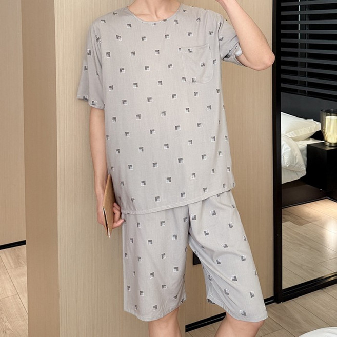 男士兩件式綿綢印花夏季短袖短褲睡衣