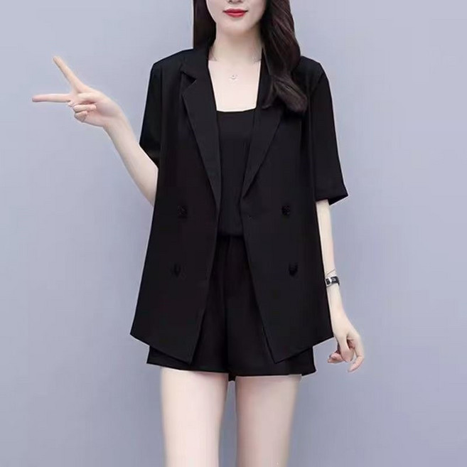 夏季新款女裝氣質西裝外套顯瘦短褲套裝, 黑色