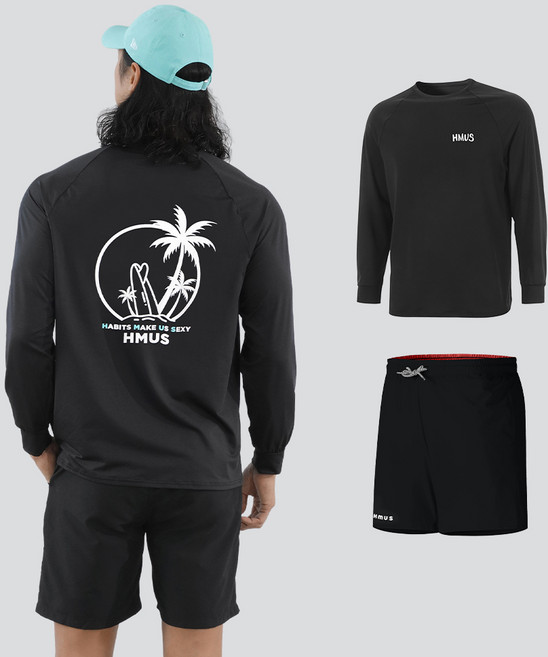 남자 여자 루즈핏 긴팔 래쉬가드 상의 + 반바지 레깅스 상하의 세트