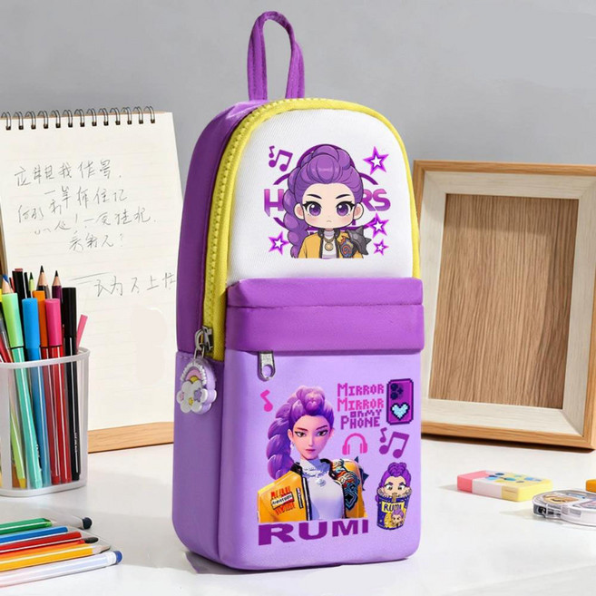 케이팝 데몬 헌터스 대용량 다층 필통 귀여운 캐릭터 그래픽 학생용 필통 연필꽂이 겸 문구함994049-458523, 1개, 보라색