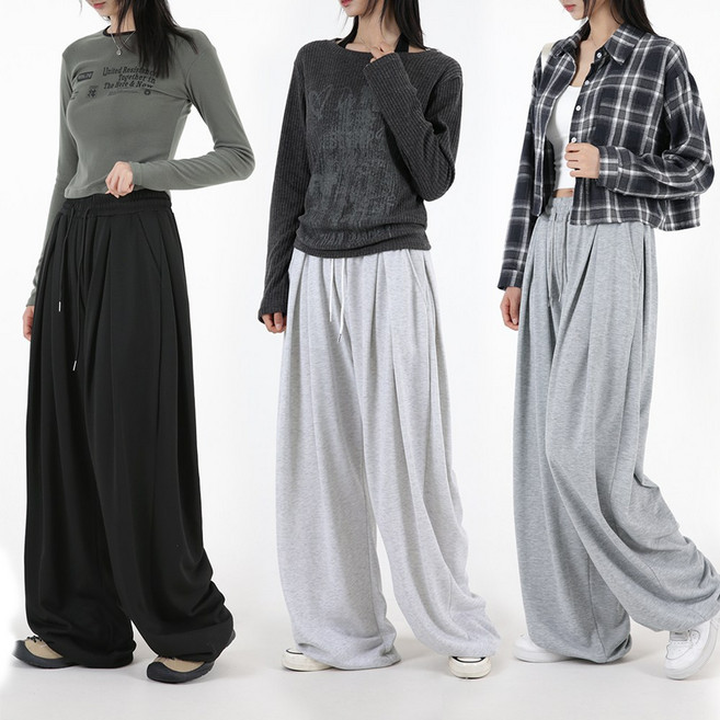 [오버나인] 봄가을용 여자 여성 4핀턱 오버 와이드 밴딩 트레이닝 팬츠 바지
