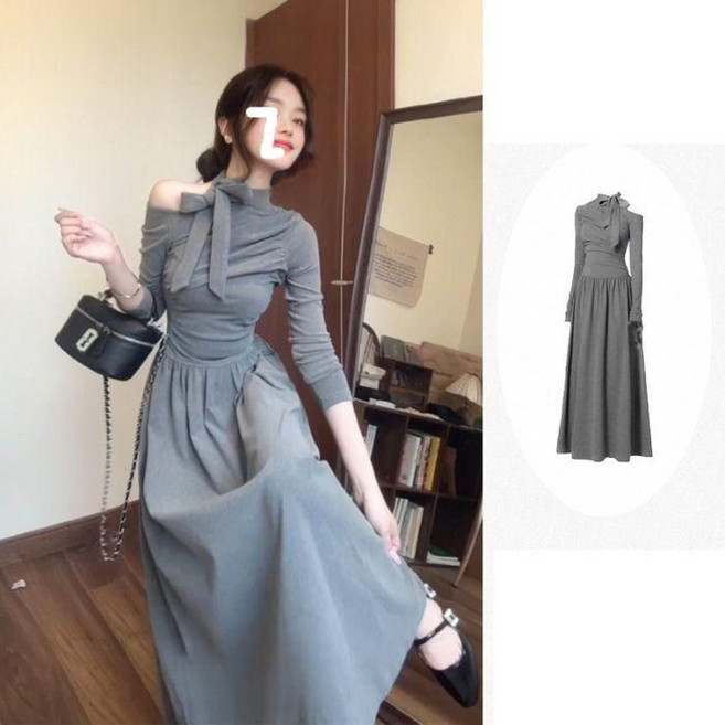 티류으스 여성 가을 프렌치 스타일 목걸이형 어깨끈 리본 롱 원피스 Lyw